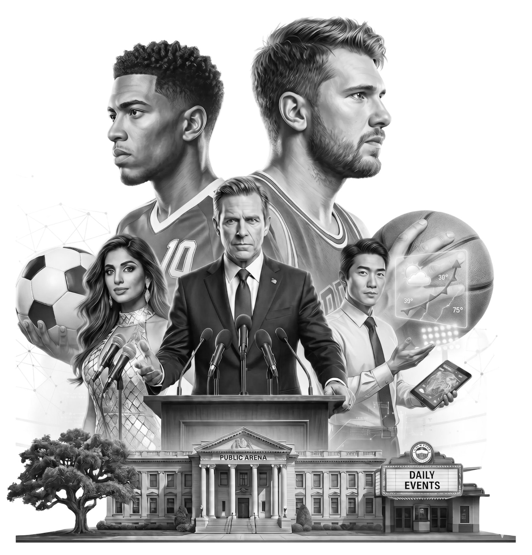 Corner Sports franchise illustration featuring athletes, executives and arena